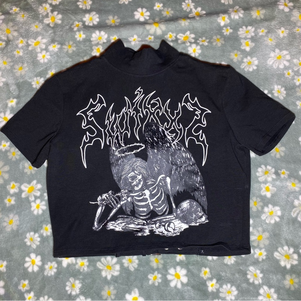 Black Graphic Grunge Crop Top with Bold Designs